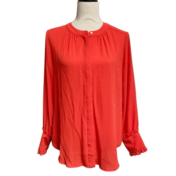 J.Crew Drapey Band Collar Blouse Small Orange Red Ruffle Cuff Shirt NWT - Picture 1 of 13